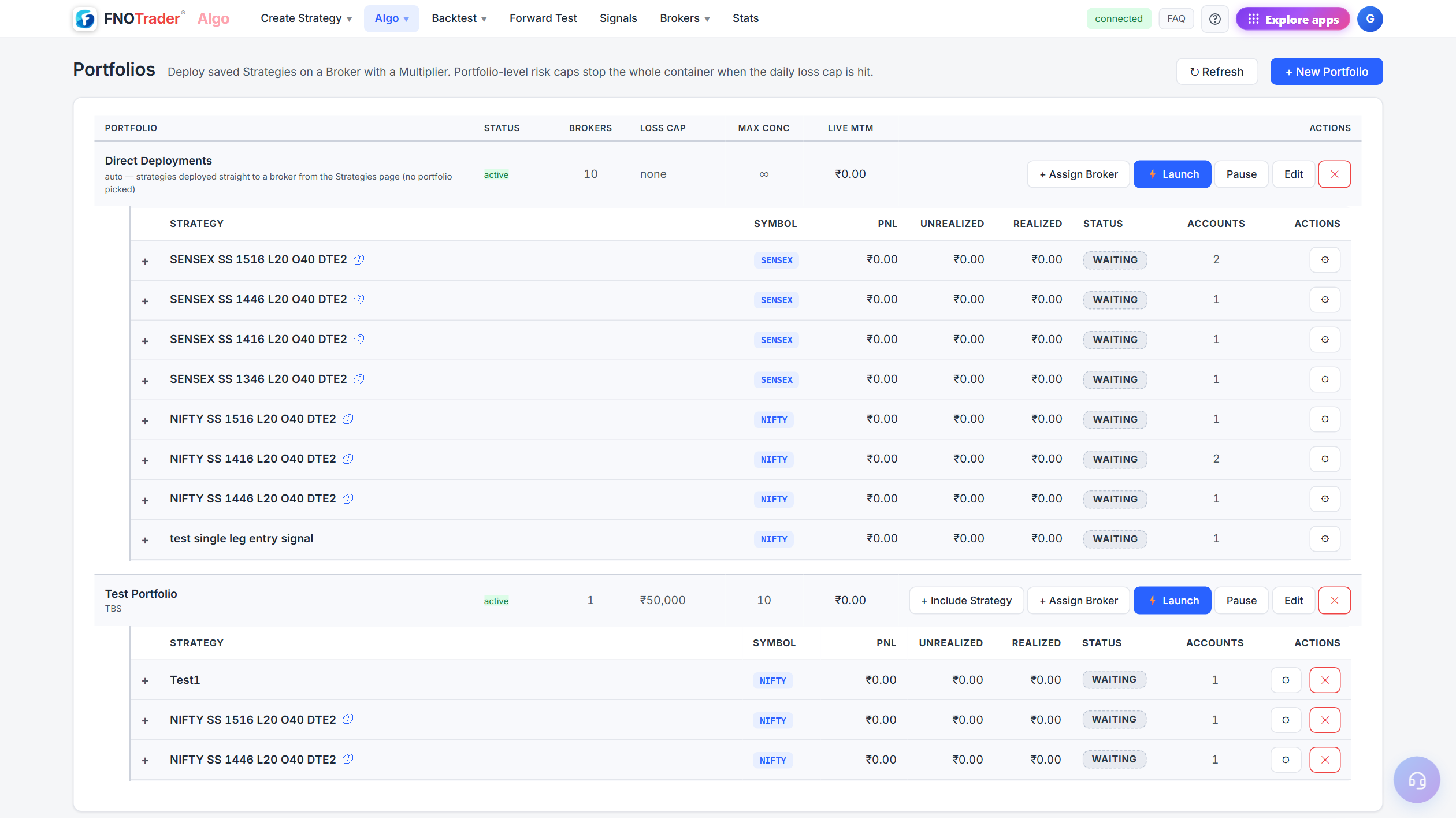 Portfolios — deploy saved strategies on a broker with a multiplier, per-slot status & live MTM, with portfolio-level risk caps