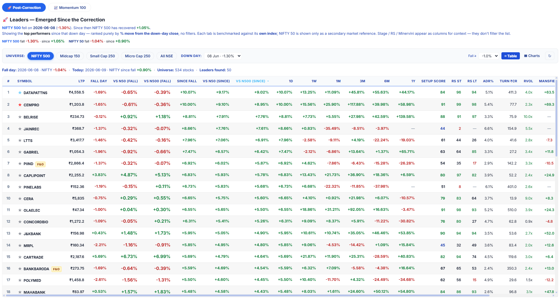 Leaders table — stocks that resisted the last market down day, ranked by score with stage and relative-strength columns