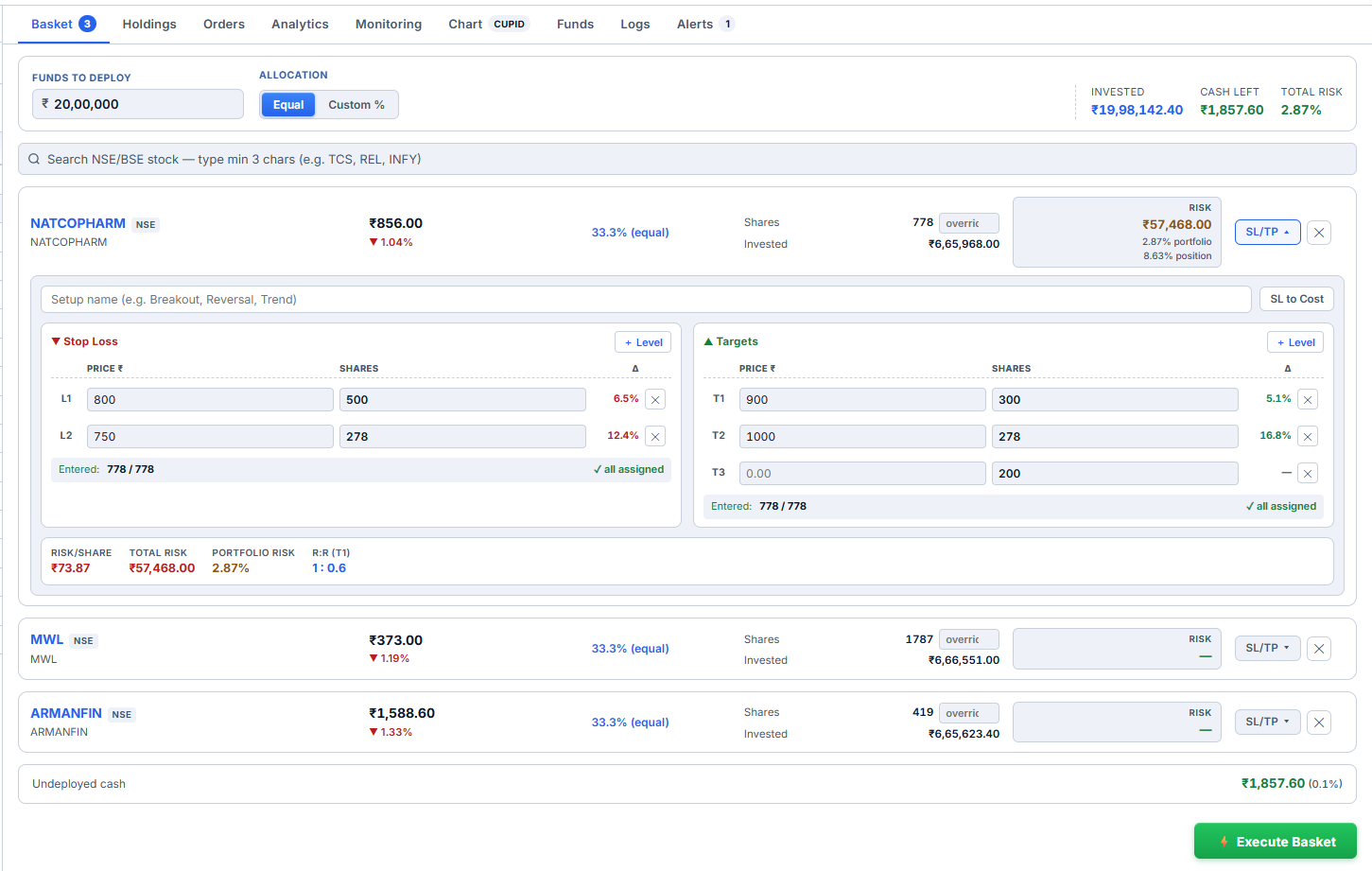 Basket — multi-stock orders with per-leg SL/TGT levels, combined risk and one-click execute
